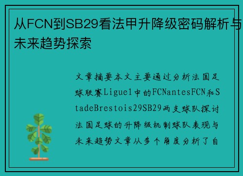 从FCN到SB29看法甲升降级密码解析与未来趋势探索