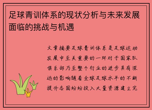 足球青训体系的现状分析与未来发展面临的挑战与机遇