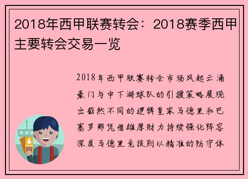 2018年西甲联赛转会：2018赛季西甲主要转会交易一览