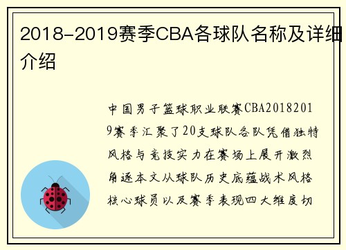 2018-2019赛季CBA各球队名称及详细介绍
